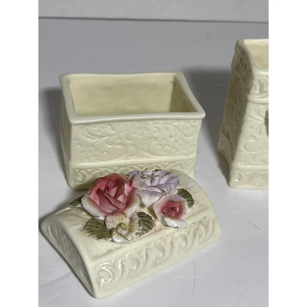 Vintage 90s Ceramic Vanity Set Cottagecore Heart Vase Trinket Box Brush Holder